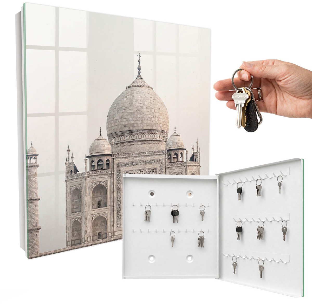 WallMuralia - Sleutelkast - 30x30x5 cm - met 50 haken - Een Majestueus Gebouw Design Sleutelkastje - Beige Sleutelbox - Rechtsopenend - Wit interieur