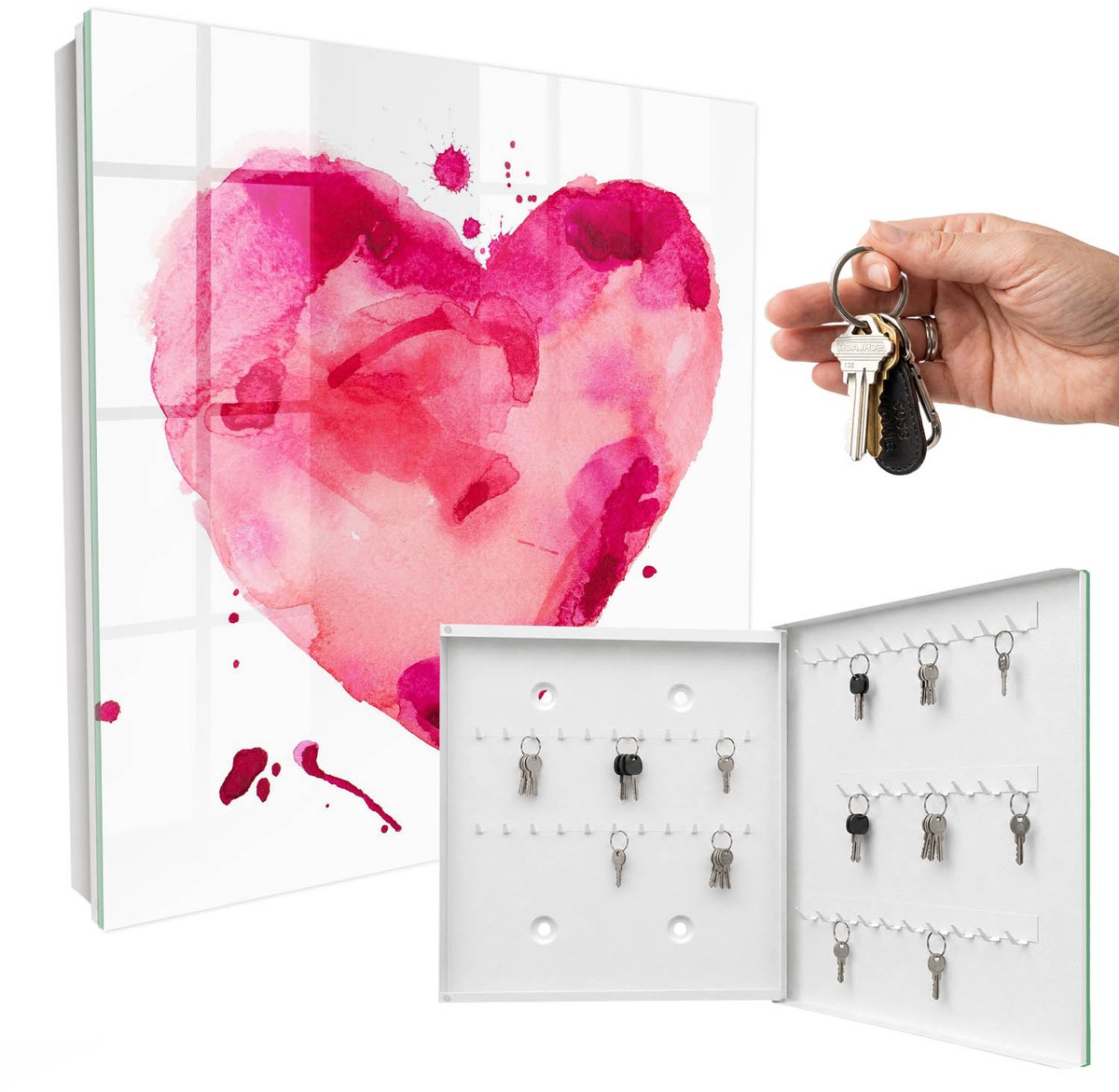 WallMuralia - Sleutelkast - 30x30x5 cm - met 50 haken - Hart Van Liefde Design Sleutelkastje - Roze Sleutelbox - Rechtsopenend - Wit interieur