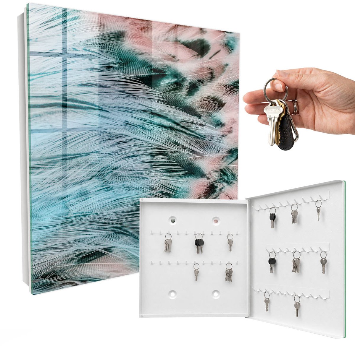 WallMuralia - Sleutelkast - 30x30x5 cm - met 50 haken - Pastelkleurige Veren Groot Sleutelkastje - Blauw Sleutelbox - Rechtsopenend - Wit interieur
