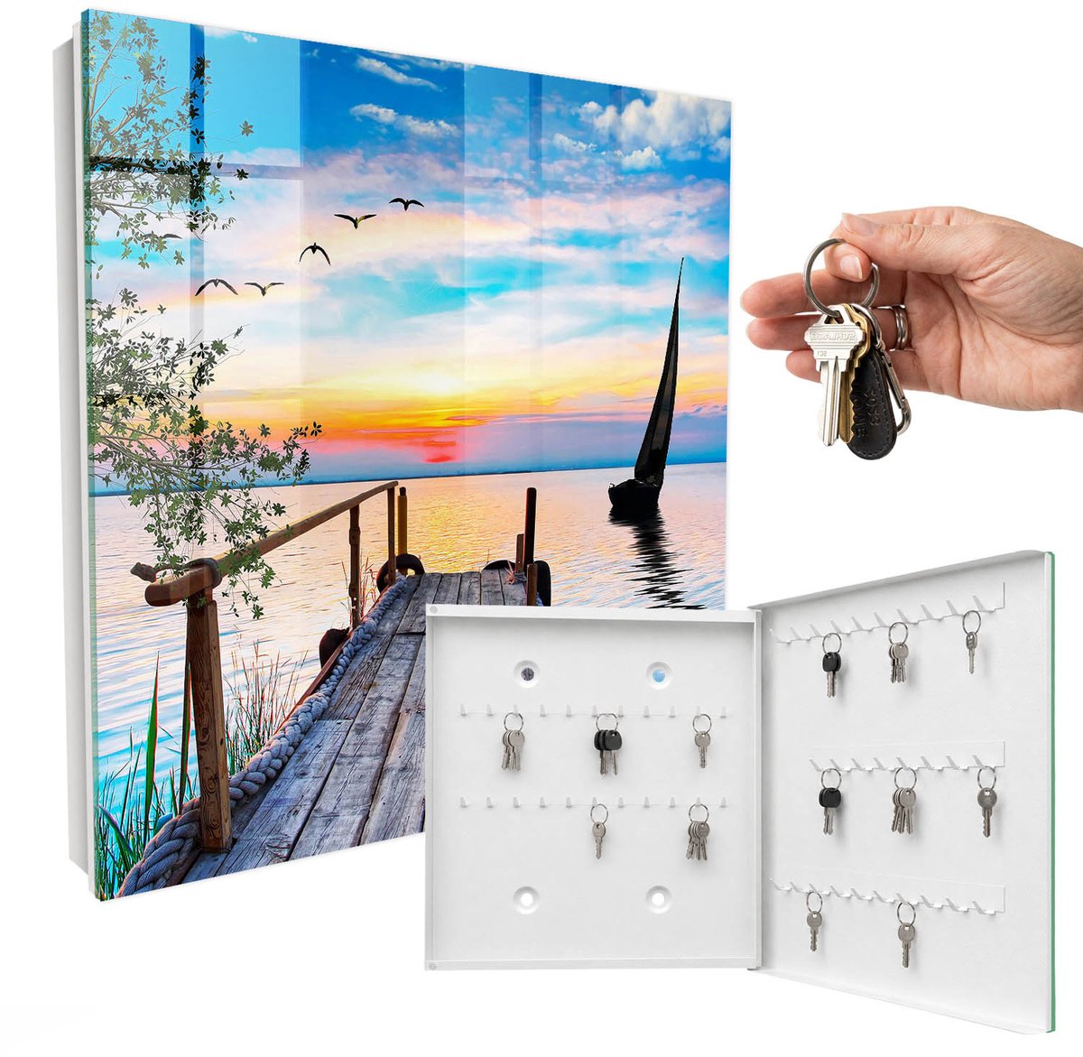 WallMuralia - Sleutelkast - 30x30x5 cm - met 50 haken - Vreedzaam Landschap Groot Sleutelkastje - Blauw Sleutelbox - Rechtsopenend - Wit interieur