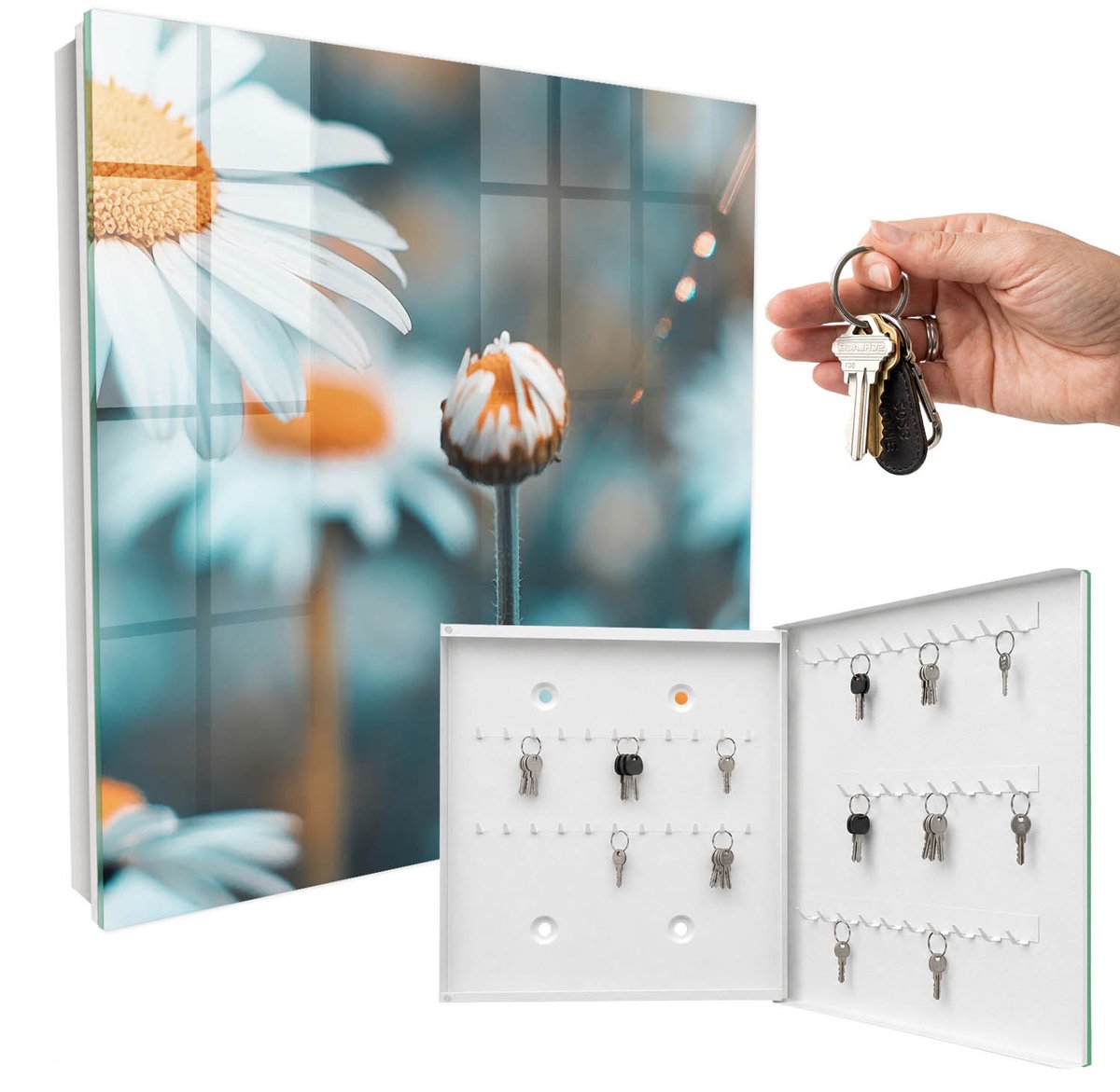 WallMuralia - Sleutelkast - 30x30x5 cm - met 50 haken - Bloemige Lichtheid Sleutelkastje Industrieel - Wit Sleutelbox - Rechtsopenend - Wit interieur