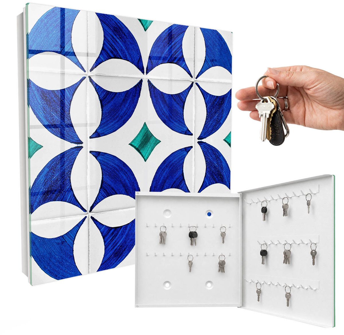 WallMuralia - Sleutelkast - 30x30x5 cm - met 50 haken - Geometrisch Motief Sleutelkastje Landelijk - Blauw Sleutelbox - Rechtsopenend - Wit interieur