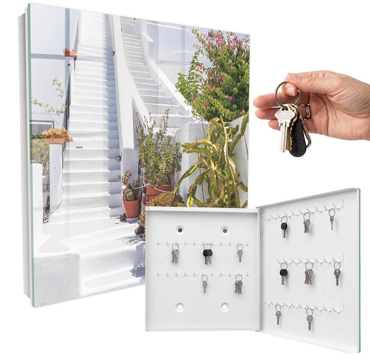 WallMuralia - Sleutelkast - 30x30x5 cm - met 50 haken - Trappen Met Planten Design Sleutelkastje - Wit Sleutelbox - Rechtsopenend - Wit interieur