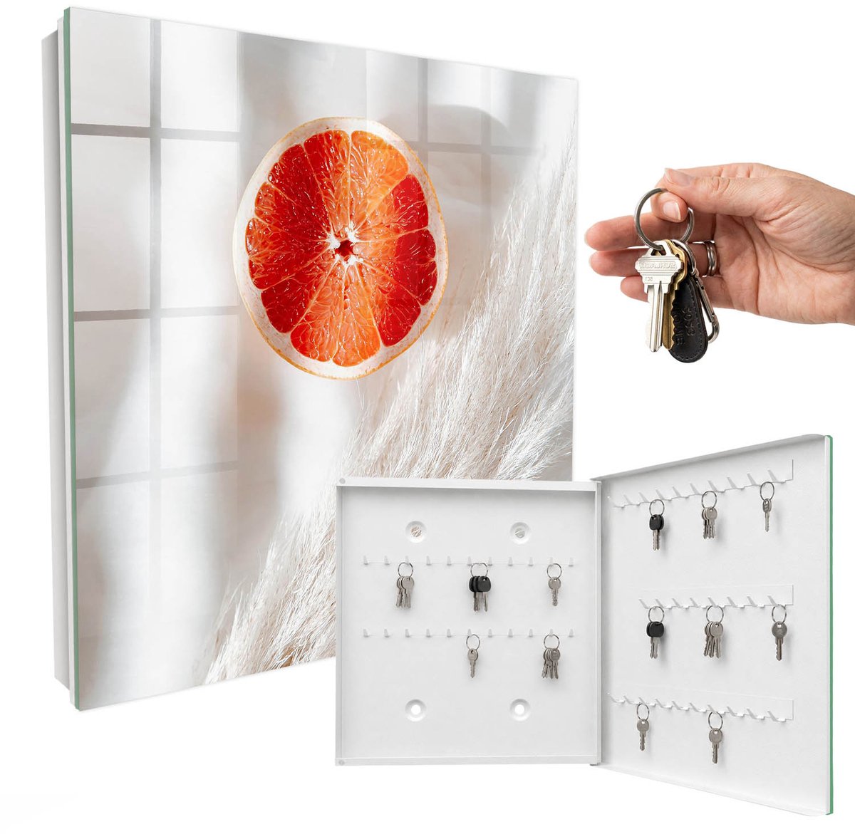 WallMuralia - Sleutelkast - 30x30x5 cm - met 50 haken - Rode Grapefruit En Bohogras Groot Sleutelkastje - Wit Sleutelbox - Rechtsopenend - Wit interieur