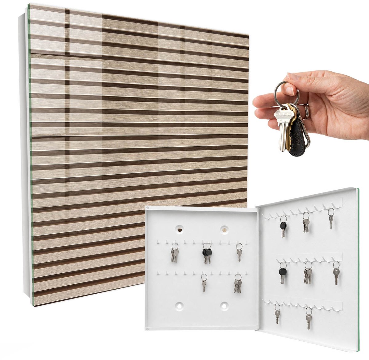 WallMuralia - Sleutelkast - 30x30x5 cm - met 50 haken - Warme Lijnen Design Sleutelkastje - Beige Sleutelbox - Rechtsopenend - Wit interieur