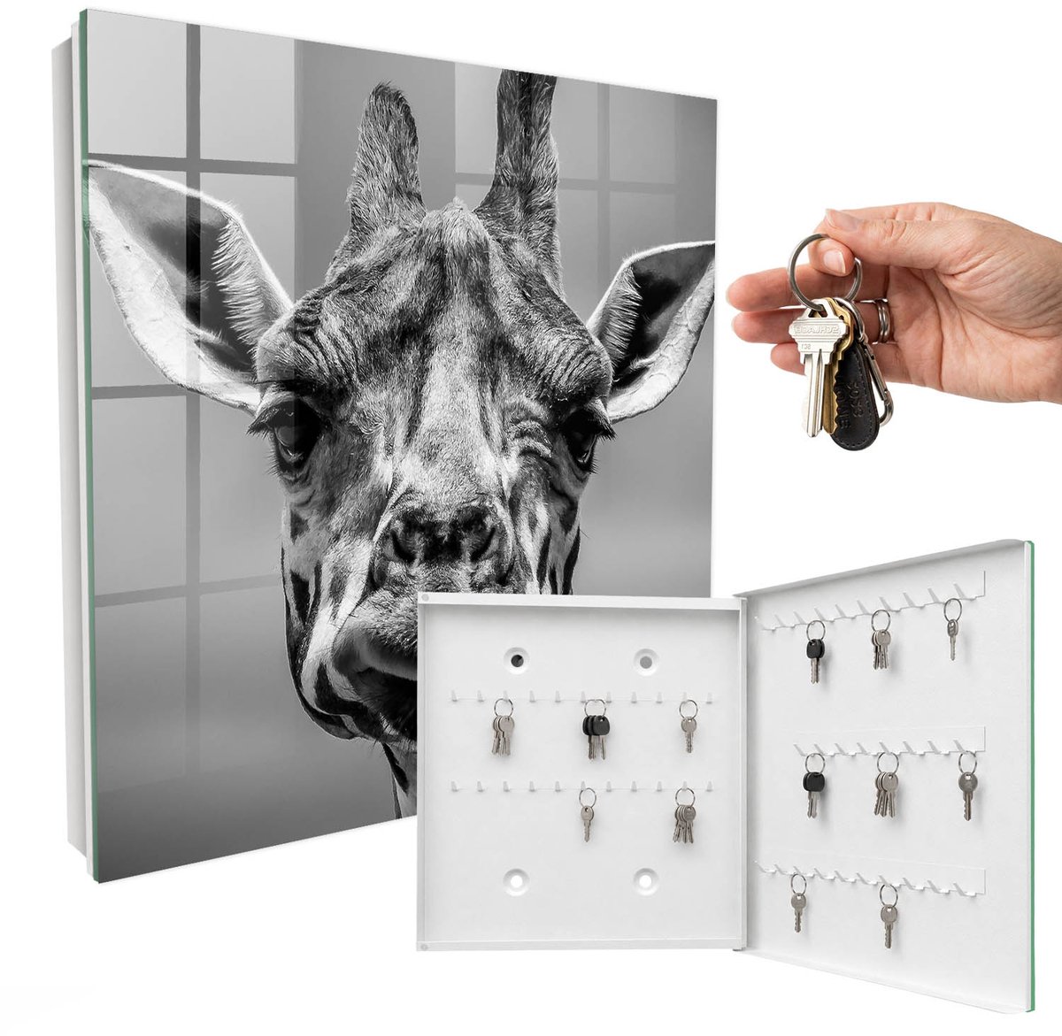 WallMuralia - Sleutelkast - 30x30x5 cm - met 50 haken - Giraffe Portret Leuk Sleutelkastje - Grijs Sleutelbox - Rechtsopenend - Wit interieur