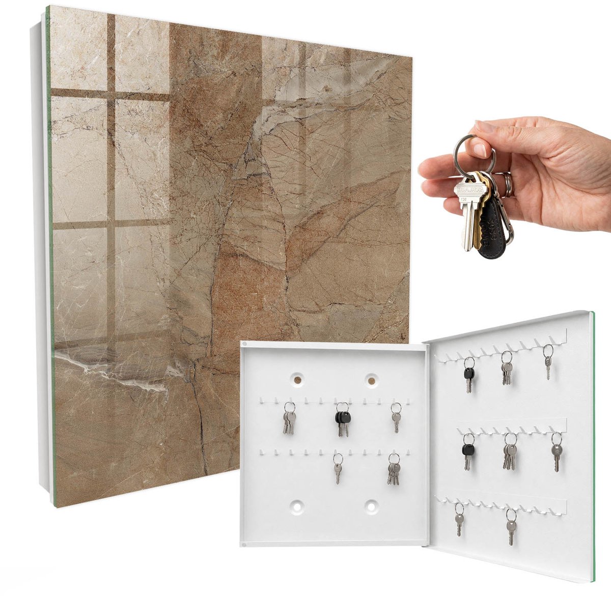 WallMuralia - Sleutelkast - 30x30x5 cm - met 50 haken - Steenstructuur Sleutelkastje Hal - Bruin Sleutelbox - Rechtsopenend - Wit interieur