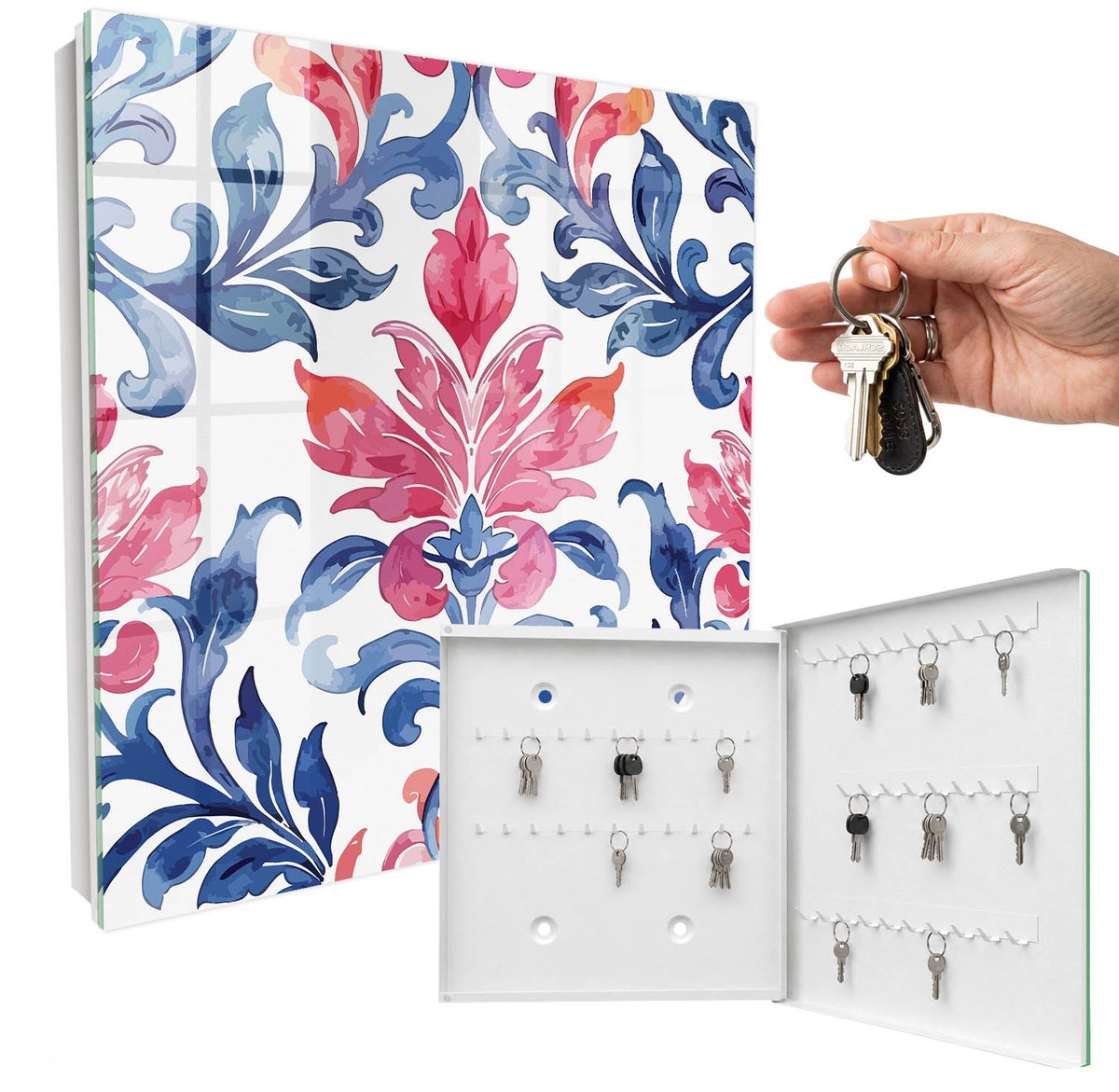 WallMuralia - Sleutelkast - 30x30x5 cm - met 50 haken - Kleurrijke Versieringen Sleutelkastje Design - Blauw Sleutelbox - Rechtsopenend - Wit interieur