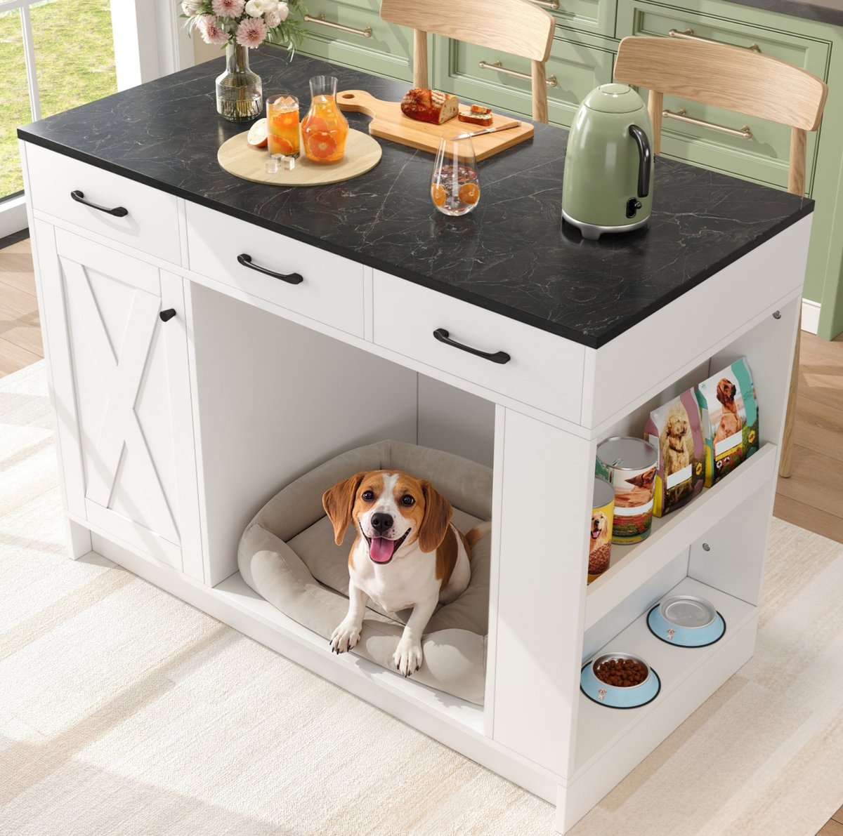 Keukenkast 3 Lades - Verstelbare Plank - 120 x 60 x 90 Cm - Spaanplaat - Wit - Met Kruidenrek En Huisdierzone