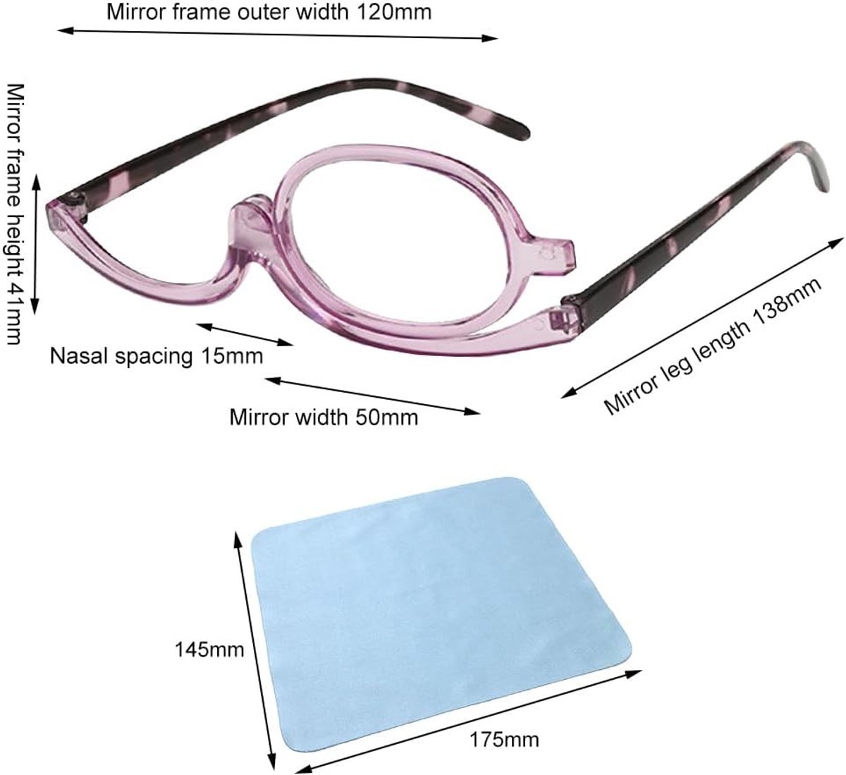 Oogmake-up brillen met draaifunctie, leesbrillen voor vrouwen, anti-veroudering en make-up hulpmiddelen, paarse kleur, +3.5 sterkte