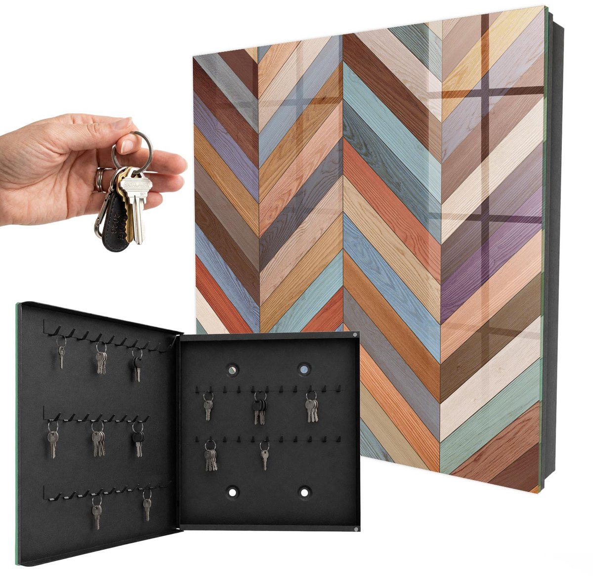 WallMuralia - Sleutelkast - 30x30x5 cm - met 50 haken - Visgraatpatroon Sleutelkastje - Bruin Sleutelbox - Linksopenend - Zwart interieur