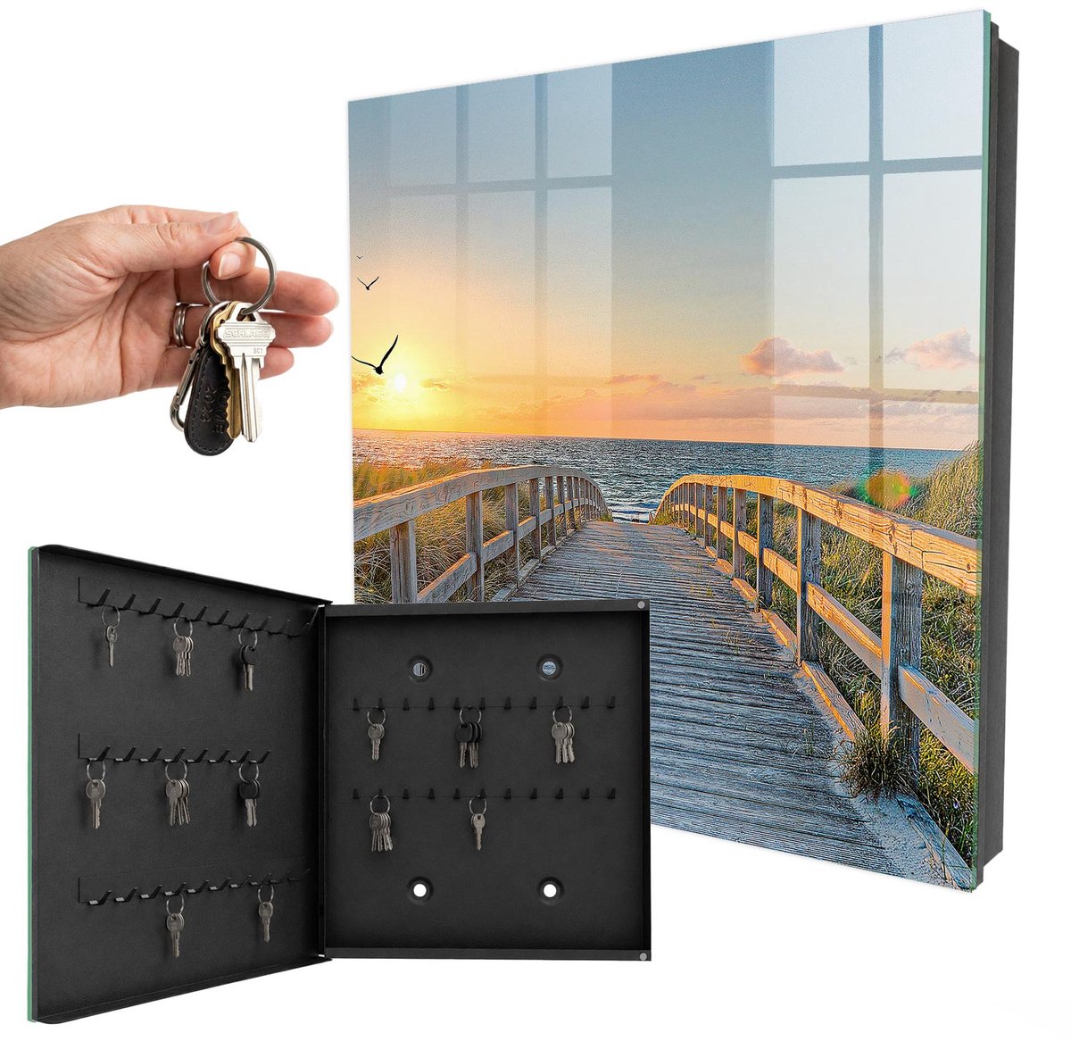 WallMuralia - Sleutelkast - 30x30x5 cm - met 50 haken - Oceaanpad Sleutelkastje Modern - Blauw Sleutelbox - Linksopenend - Zwart interieur