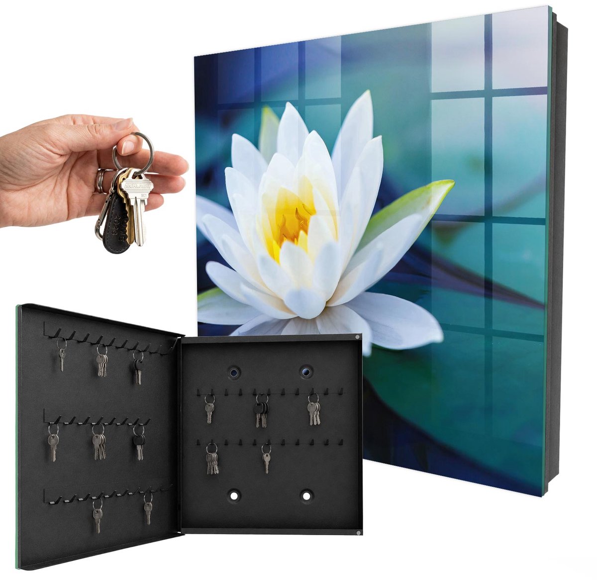 WallMuralia - Sleutelkast - 30x30x5 cm - met 50 haken - Waterlelie Sleutelkastje Hal - Groente Sleutelbox - Linksopenend - Zwart interieur