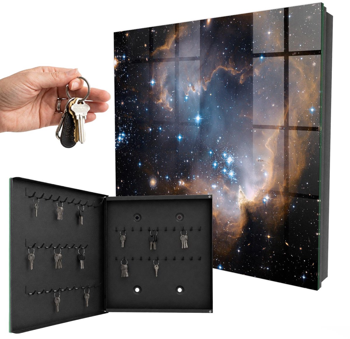 WallMuralia - Sleutelkast - 30x30x5 cm - met 50 haken - Sterrennevel Sleutelkastje Design - Zwart Sleutelbox - Linksopenend - Zwart interieur