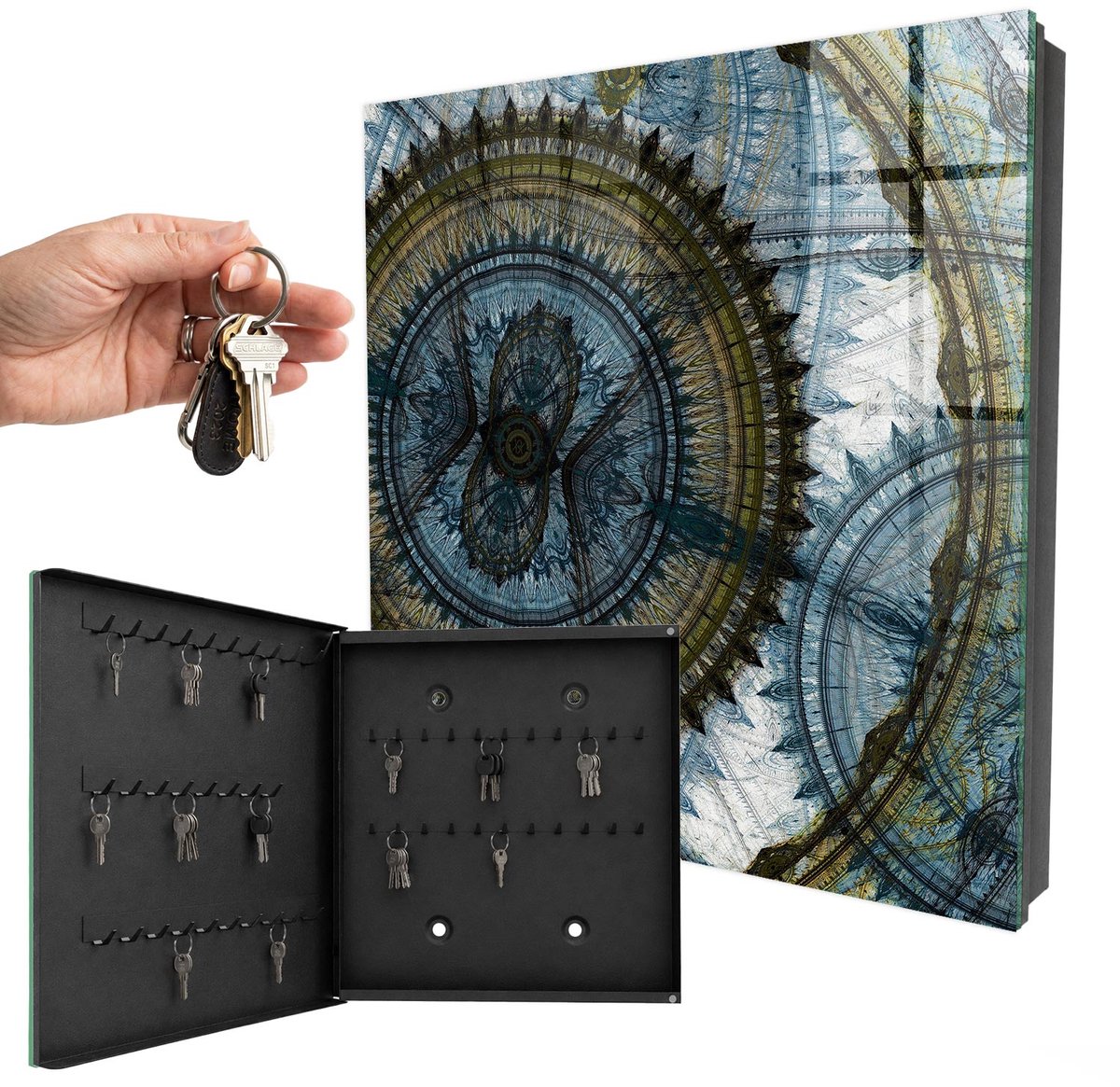 WallMuralia - Sleutelkast - 30x30x5 cm - met 50 haken - Geometrische Mandala Sleutelkastje Huis - Blauw Sleutelbox - Linksopenend - Zwart interieur