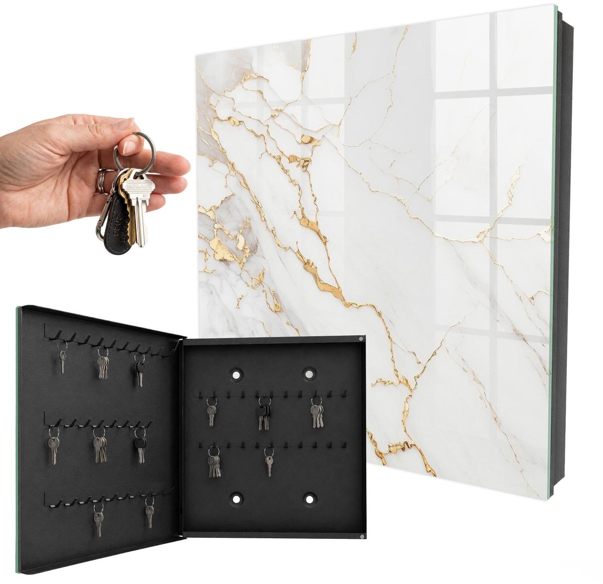 WallMuralia - Sleutelkast - 30x30x5 cm - met 50 haken - Prachtig Marmerpatroon Sleutelkastje Industrieel - Wit Sleutelbox - Linksopenend - Zwart interieur