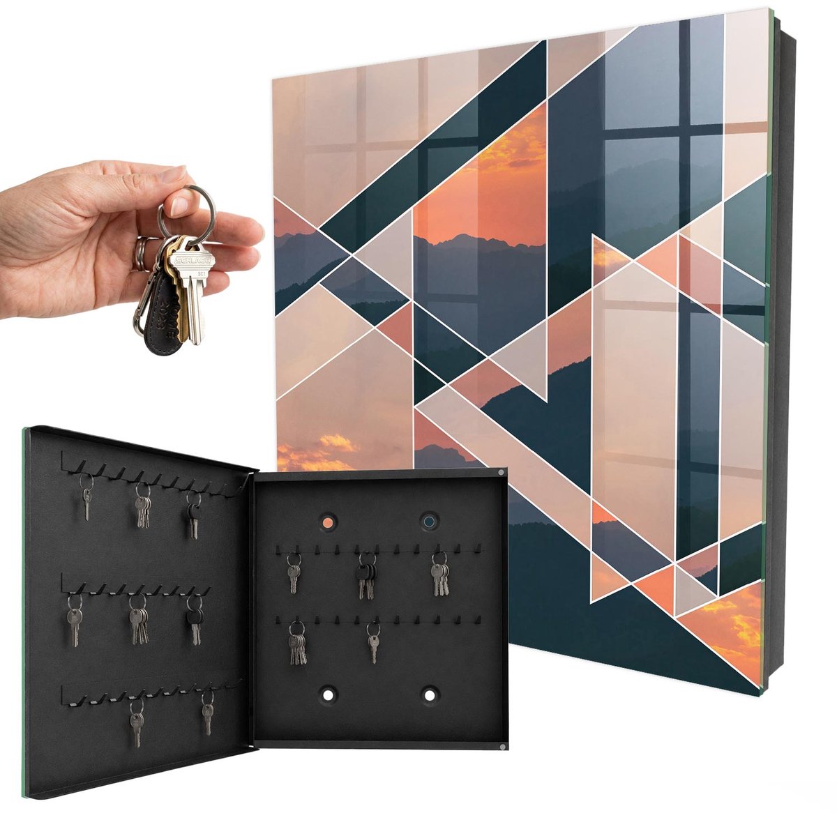 WallMuralia - Sleutelkast - 30x30x5 cm - met 50 haken - Bergachtig Westen Sleutelkastje Gang - Oranje Sleutelbox - Linksopenend - Zwart interieur