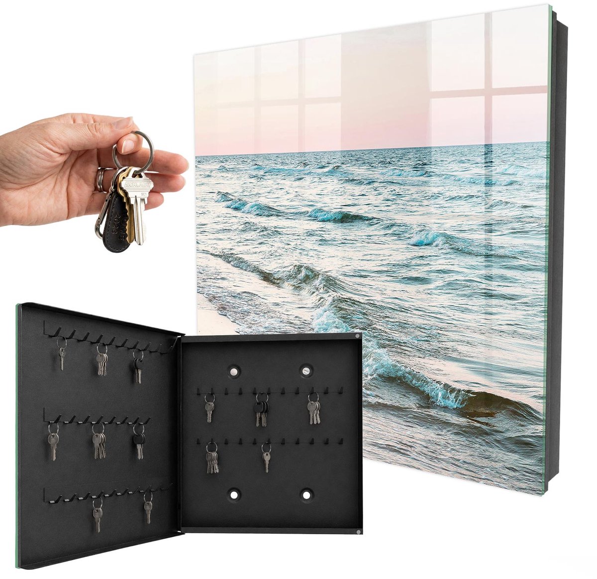 WallMuralia - Sleutelkast - 30x30x5 cm - met 50 haken - Zeegolven Sleutelkastje Huis - Blauw Sleutelbox - Linksopenend - Zwart interieur