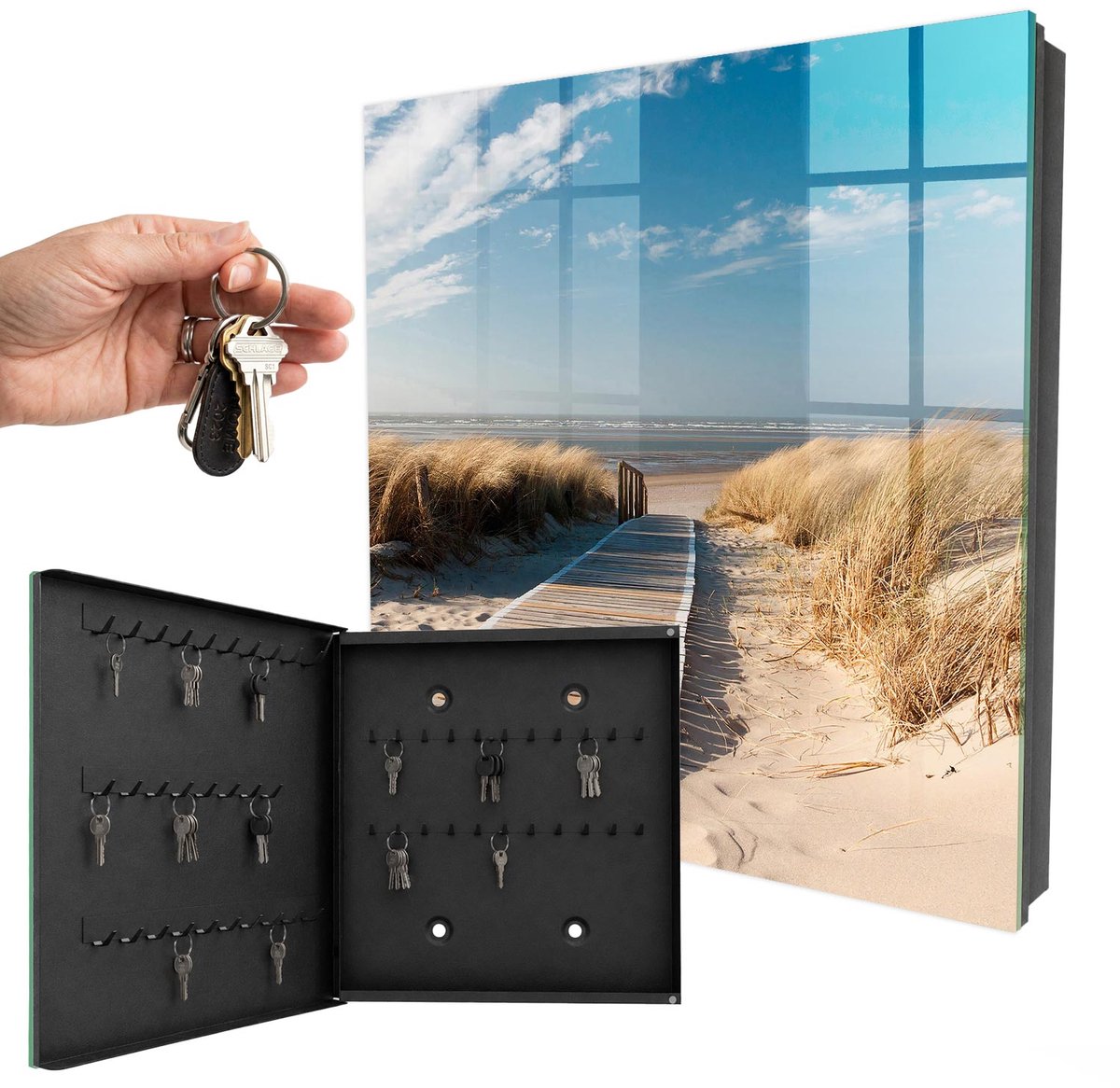 WallMuralia - Sleutelkast - 30x30x5 cm - met 50 haken - Een Rustig Strand Sleutelkastje Design - Blauw Sleutelbox - Linksopenend - Zwart interieur