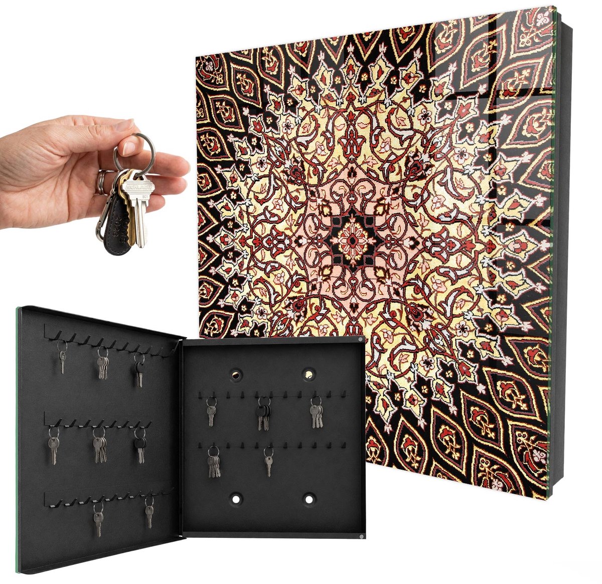 WallMuralia - Sleutelkast - 30x30x5 cm - met 50 haken - Complexe Patronen Sleutelkastje Klein - Beige Sleutelbox - Linksopenend - Zwart interieur