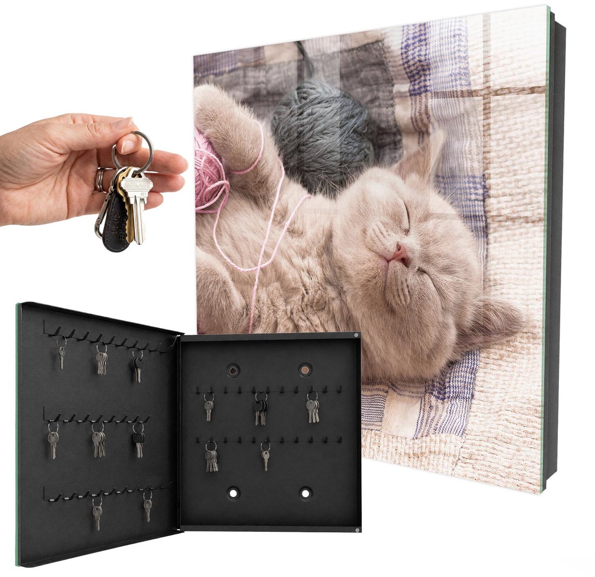 WallMuralia - Sleutelkast - 30x30x5 cm - met 50 haken - Slapend Katje Sleutelkastje Gang - Beige Sleutelbox - Linksopenend - Zwart interieur