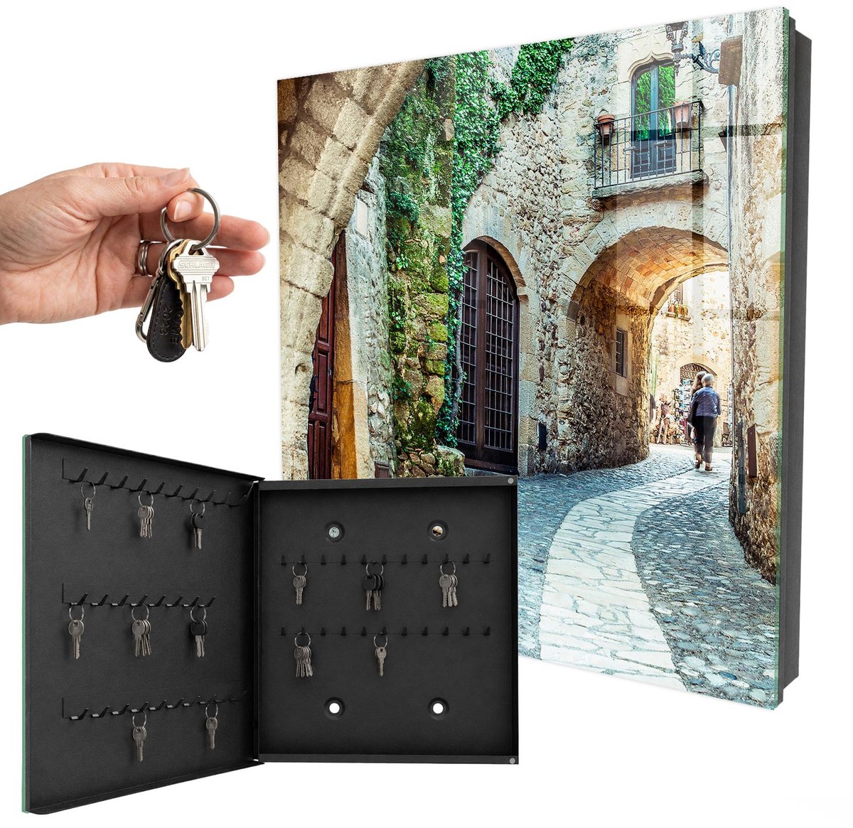 WallMuralia - Sleutelkast - 30x30x5 cm - met 50 haken - Historische Straat Sleutelkastje Voor Binnen - Grijs Sleutelbox - Linksopenend - Zwart interieur