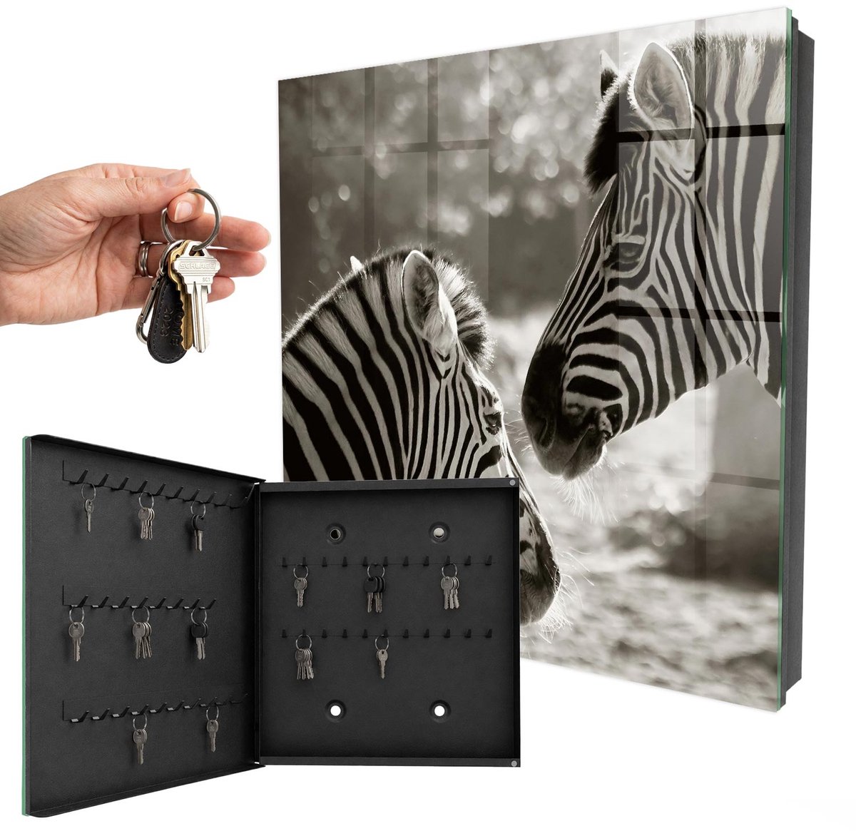WallMuralia - Sleutelkast - 30x30x5 cm - met 50 haken - Zebra'S Samen Groot Sleutelkastje - Zwart-Wit Sleutelbox - Linksopenend - Zwart interieur