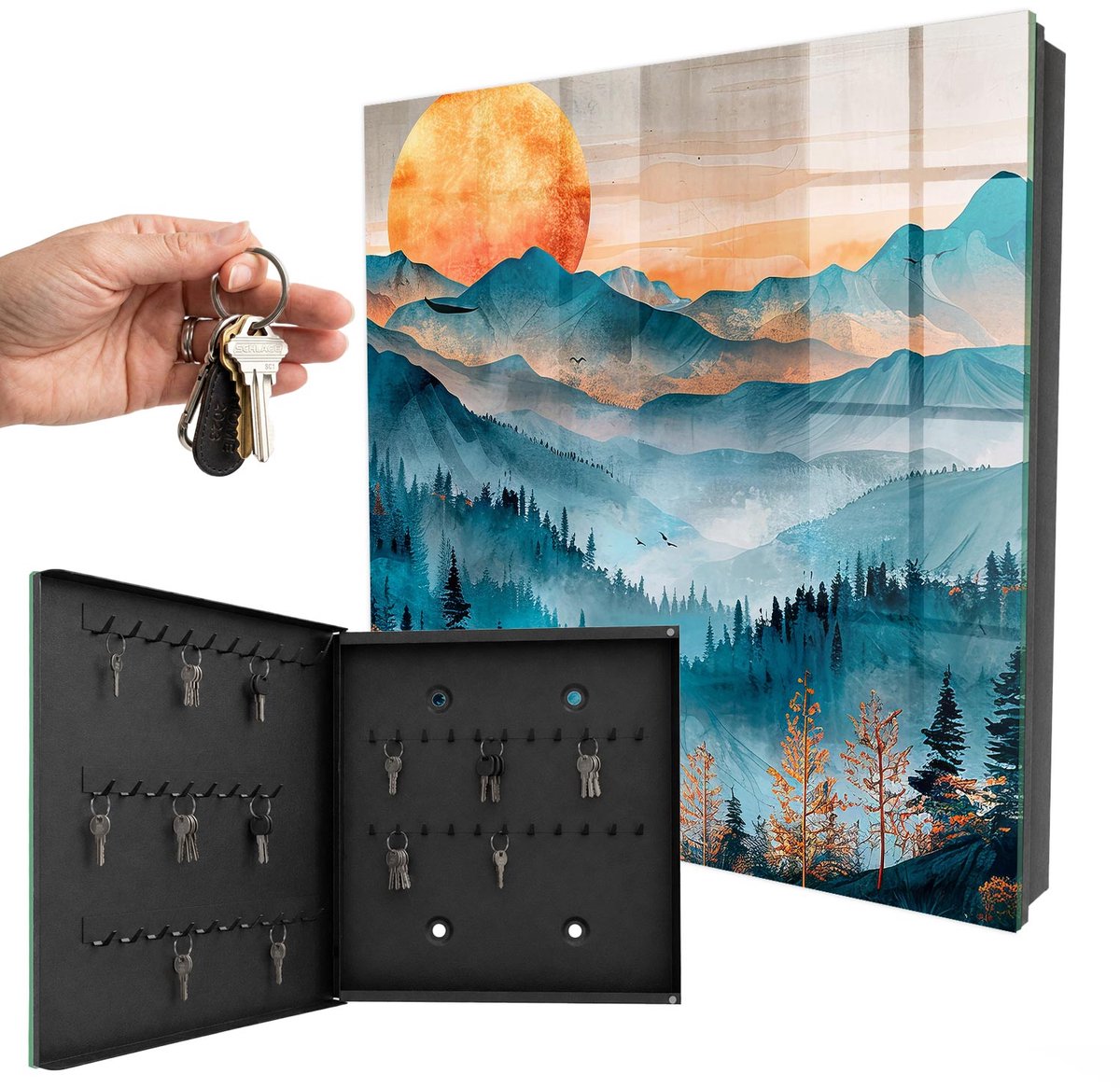 WallMuralia - Sleutelkast - 30x30x5 cm - met 50 haken - Bergachtig Westen Sleutelkastje Design - Turkoois Sleutelbox - Linksopenend - Zwart interieur