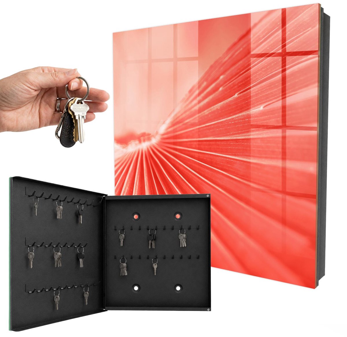 WallMuralia - Sleutelkast - 30x30x5 cm - met 50 haken - De Energie Van Kleur Sleutelkastje Landelijk - Rood Sleutelbox - Linksopenend - Zwart interieur