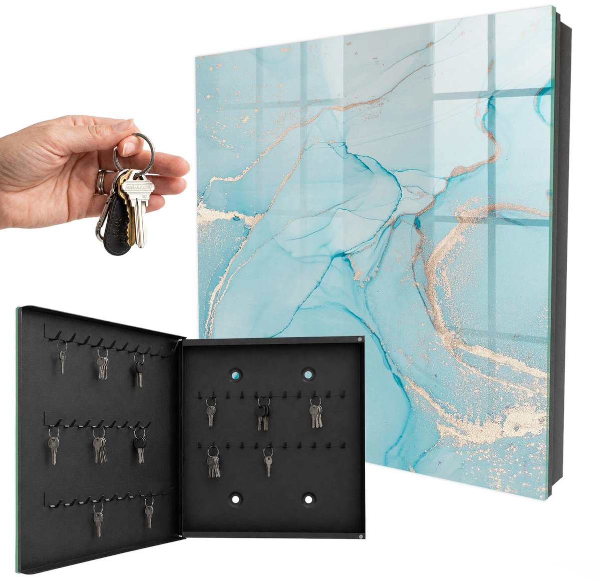 WallMuralia - Sleutelkast - 30x30x5 cm - met 50 haken - Blauwe Dromen Sleutelkastje Industrieel - Blauw Sleutelbox - Linksopenend - Zwart interieur