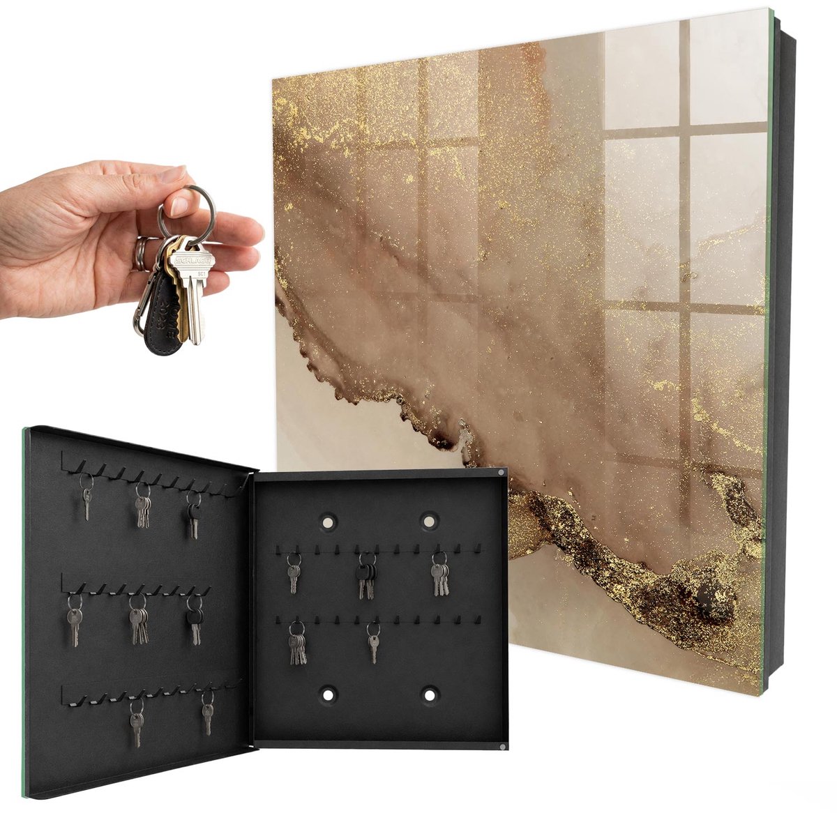 WallMuralia - Sleutelkast - 30x30x5 cm - met 50 haken - Artistieke Abstractie Sleutelkastje Modern - Beige Sleutelbox - Linksopenend - Zwart interieur