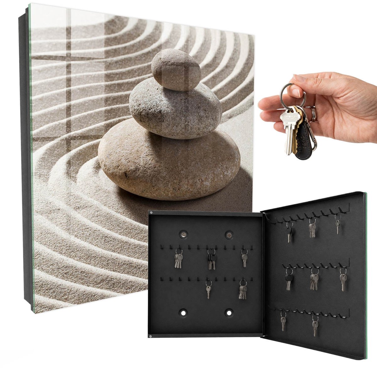 WallMuralia - Sleutelkast - 30x30x5 cm - met 50 haken - Zen-Compositie Sleutelkastje Modern - Beige Sleutelbox - Rechtsopenend - Zwart interieur