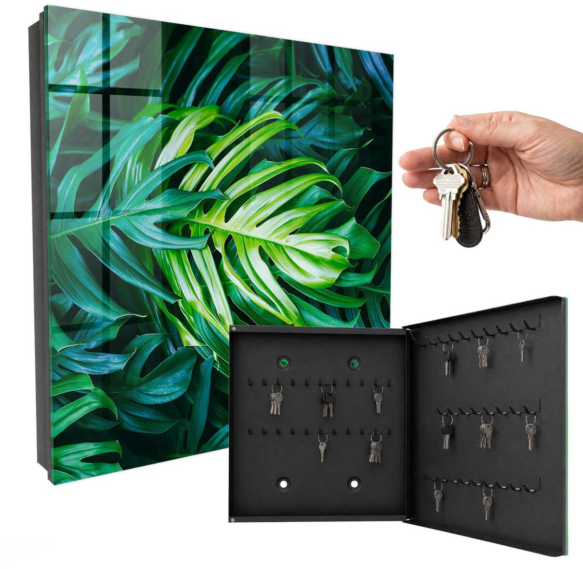 WallMuralia - Sleutelkast - 30x30x5 cm - met 50 haken - Groene Bladeren Design Sleutelkastje - Groente Sleutelbox - Rechtsopenend - Zwart interieur