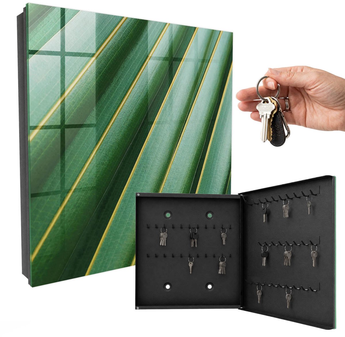 WallMuralia - Sleutelkast - 30x30x5 cm - met 50 haken - Bladpatroon Sleutelkastje Huis - Groente Sleutelbox - Rechtsopenend - Zwart interieur