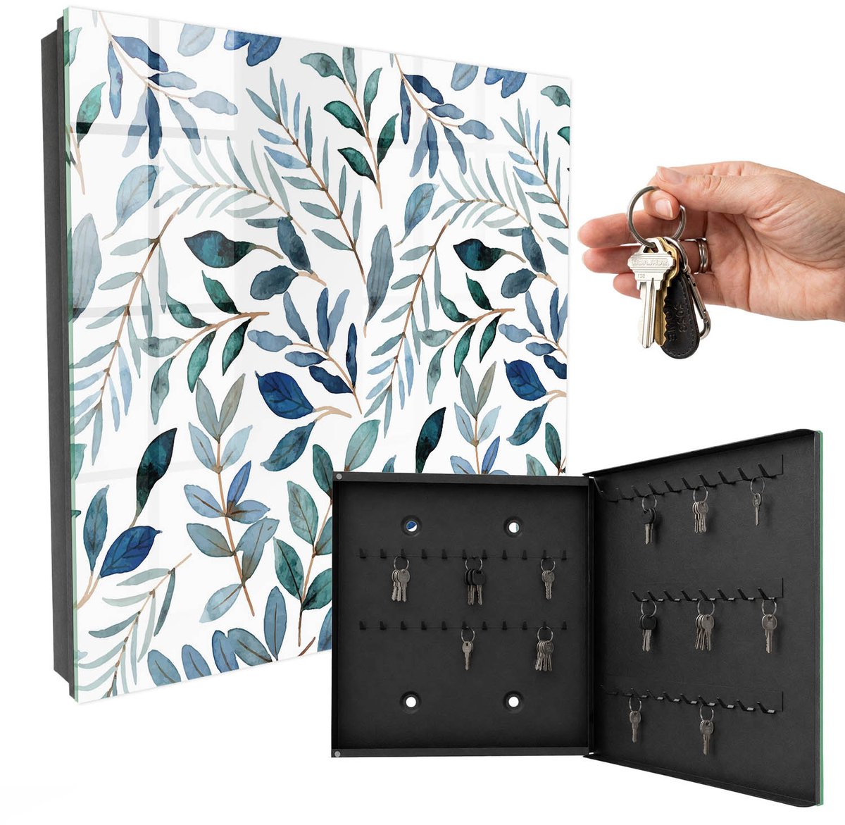 WallMuralia - Sleutelkast - 30x30x5 cm - met 50 haken - Plantaardige Aquarelverf Sleutelkastje Design - Blauw Sleutelbox - Rechtsopenend - Zwart interieur