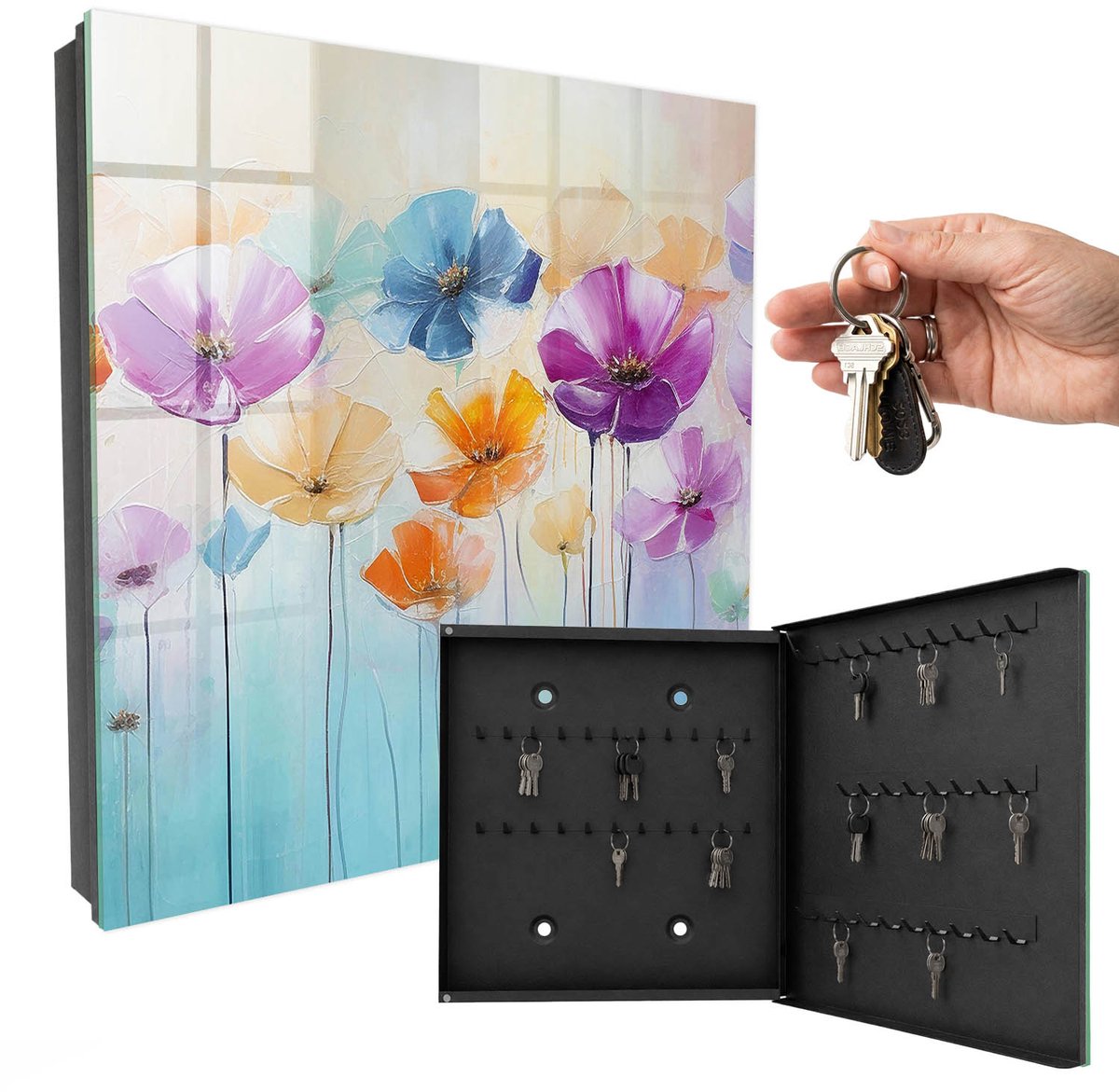 WallMuralia - Sleutelkast - 30x30x5 cm - met 50 haken - Kleurrijke Bloemen Sleutelkastje Landelijk - Paars Sleutelbox - Rechtsopenend - Zwart interieur