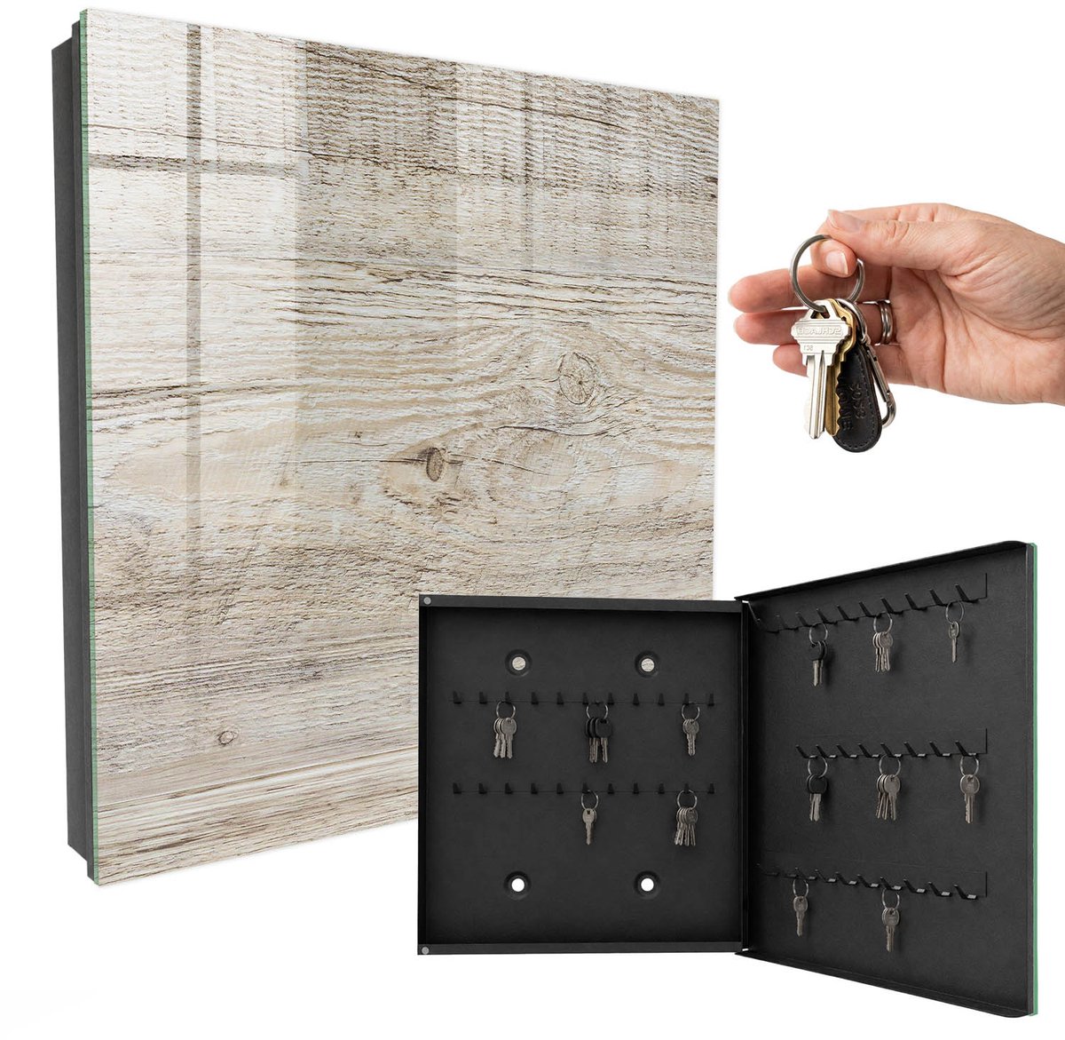 WallMuralia - Sleutelkast - 30x30x5 cm - met 50 haken - Houtstructuur Sleutelkastje Design - Beige Sleutelbox - Rechtsopenend - Zwart interieur