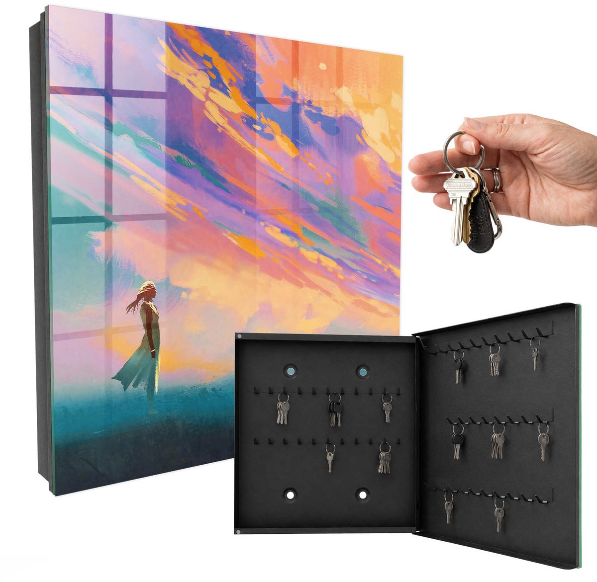 WallMuralia - Sleutelkast - 30x30x5 cm - met 50 haken - Dromerige Scène Sleutelkastje Gang - Oranje Sleutelbox - Rechtsopenend - Zwart interieur