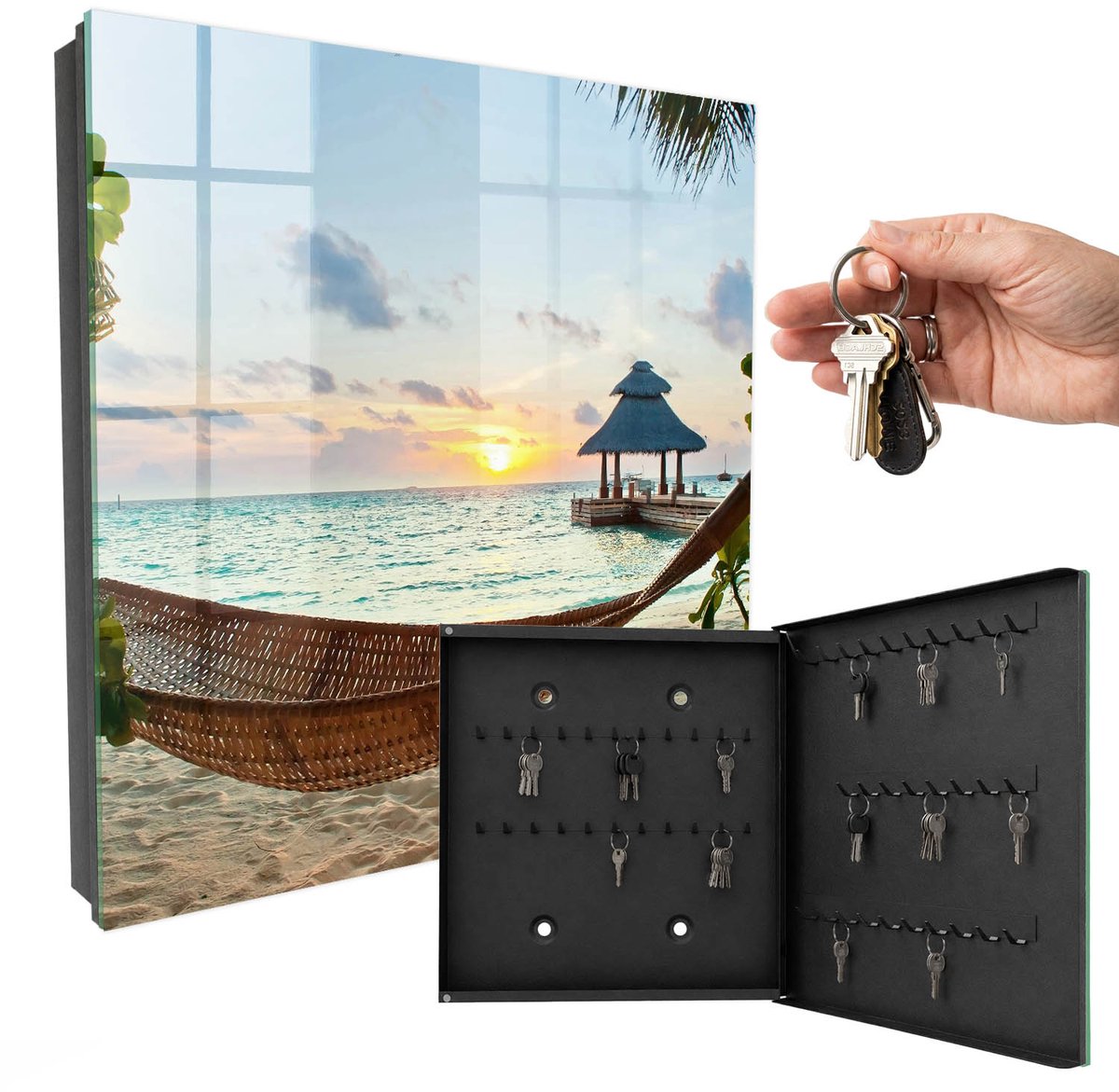 WallMuralia - Sleutelkast - 30x30x5 cm - met 50 haken - Ontspanning Aan Het Strand Sleutelkastje Design - Blauw Sleutelbox - Rechtsopenend - Zwart interieur