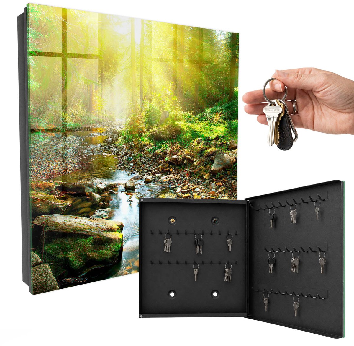 WallMuralia - Sleutelkast - 30x30x5 cm - met 50 haken - Bosbeek Sleutelkastje - Groente Sleutelbox - Rechtsopenend - Zwart interieur