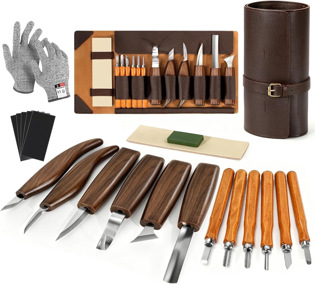 17 stuks houtsnijgereedschap met handschoenen, opbergtas en