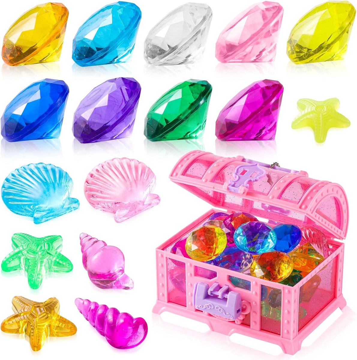 Onderwatersieraden voor zwembad, 28 stuks, onderwaterspeelgoed, duikspeelgoed, strand, spelletjes onder water, zomer, edelstenen voor kinderen, kleurrijke stenen voor decoraties met schatkist