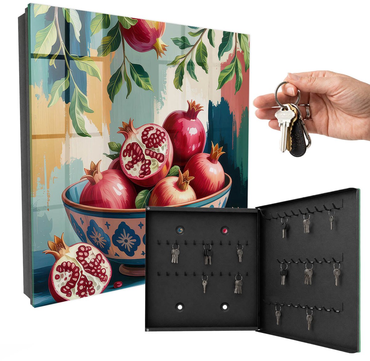 WallMuralia - Sleutelkast - 30x30x5 cm - met 50 haken - Fruitmotief Groot Sleutelkastje - Rood Sleutelbox - Rechtsopenend - Zwart interieur