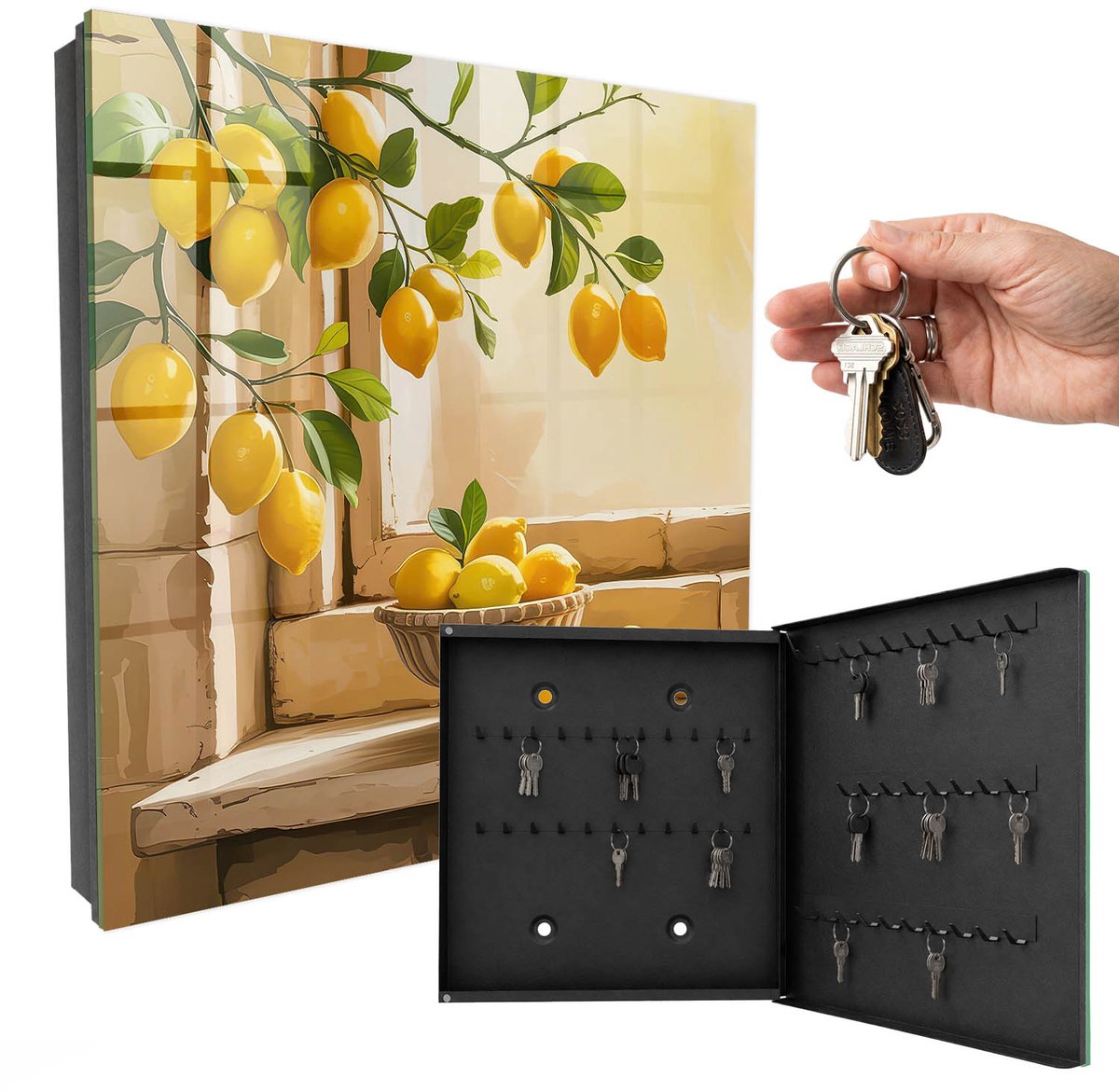 WallMuralia - Sleutelkast - 30x30x5 cm - met 50 haken - Frisse Citroen Sleutelkastje Industrieel - Geel Sleutelbox - Rechtsopenend - Zwart interieur