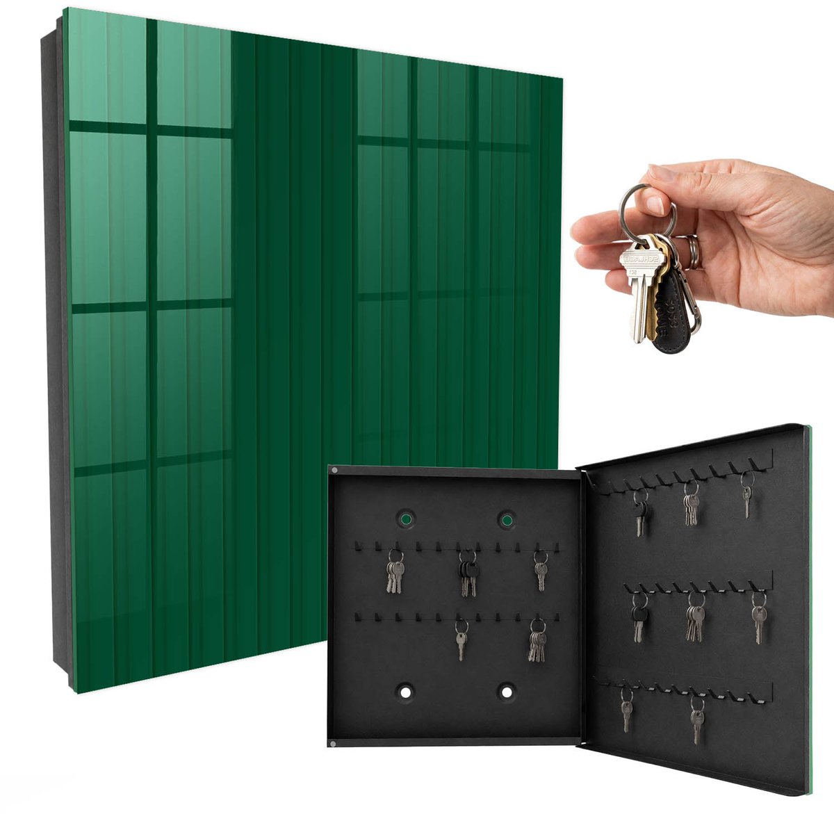 WallMuralia - Sleutelkast - 30x30x5 cm - met 50 haken - Groene Strepen Sleutelkastje Huis - Groente Sleutelbox - Rechtsopenend - Zwart interieur