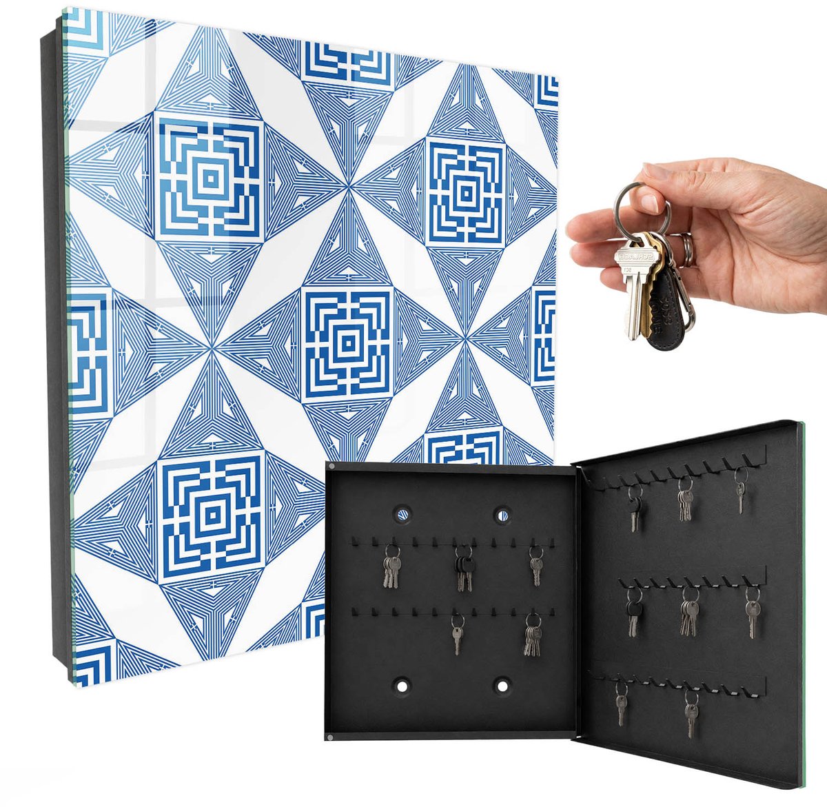 WallMuralia - Sleutelkast - 30x30x5 cm - met 50 haken - Geometrisch Patroon Sleutelkastje Modern - Blauw Sleutelbox - Rechtsopenend - Zwart interieur