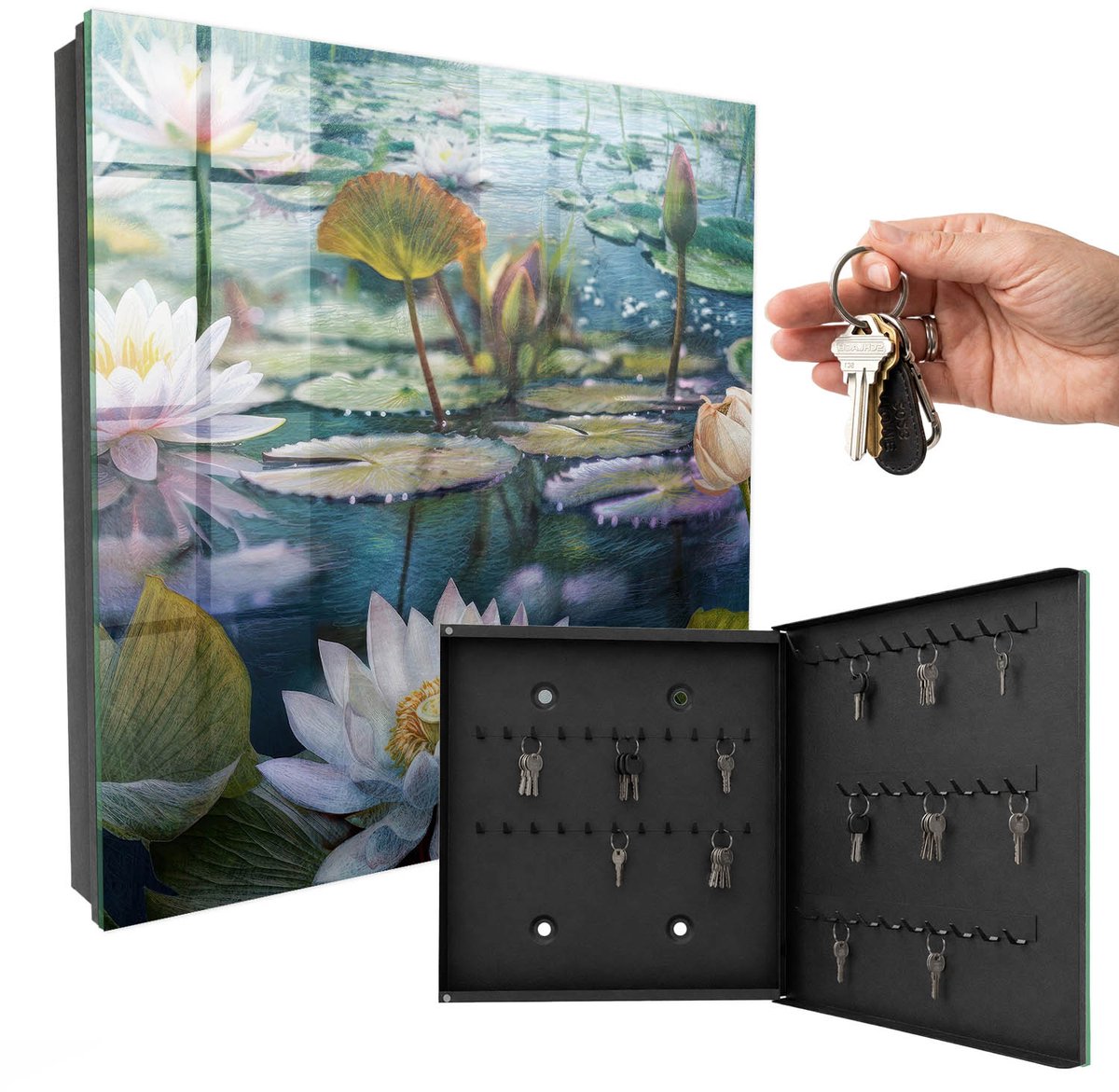 WallMuralia - Sleutelkast - 30x30x5 cm - met 50 haken - Waterbloemen Sleutelkastje Modern - Groente Sleutelbox - Rechtsopenend - Zwart interieur