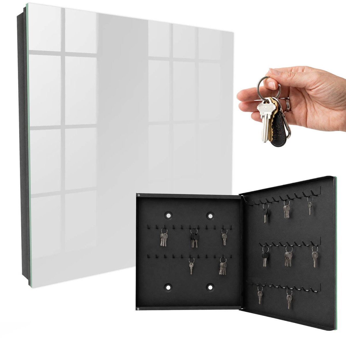 WallMuralia - Sleutelkast - 30x30x5 cm - met 50 haken - Grijze Kleur Sleutelkastje - Grijs Sleutelbox - Rechtsopenend - Zwart interieur