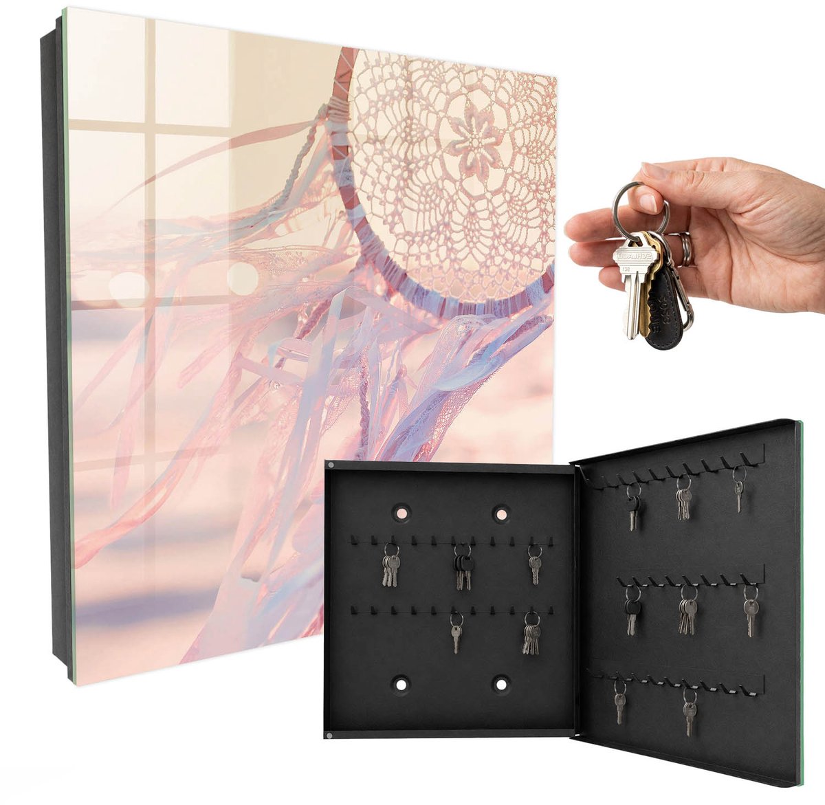 WallMuralia - Sleutelkast - 30x30x5 cm - met 50 haken - Kanten Versiering Sleutelkastje Industrieel - Roze Sleutelbox - Rechtsopenend - Zwart interieur