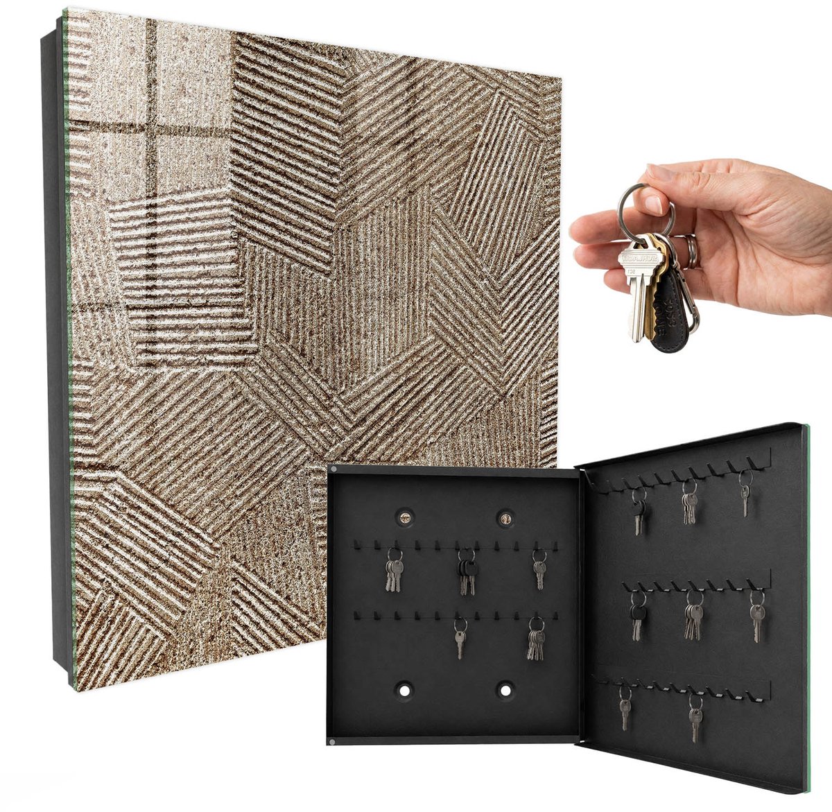WallMuralia - Sleutelkast - 30x30x5 cm - met 50 haken - Geometrisch Patroon Sleutelkastje Design - Beige Sleutelbox - Rechtsopenend - Zwart interieur